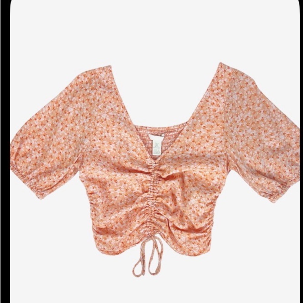 H&M Orange Floral Ruched Square-Neck Blouse